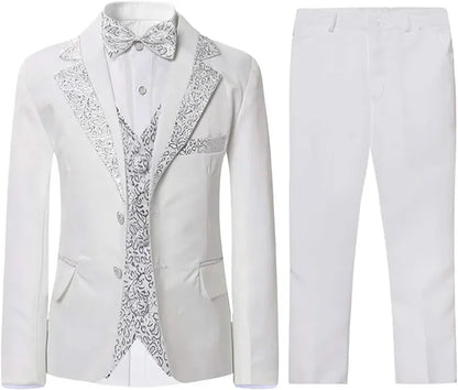 Boys Slim Fit Suits 5 Pieces Set Kids Blazer Vest Pants Shirt Bowtie  Jacket With Gold Rims For Wedding Party Prom