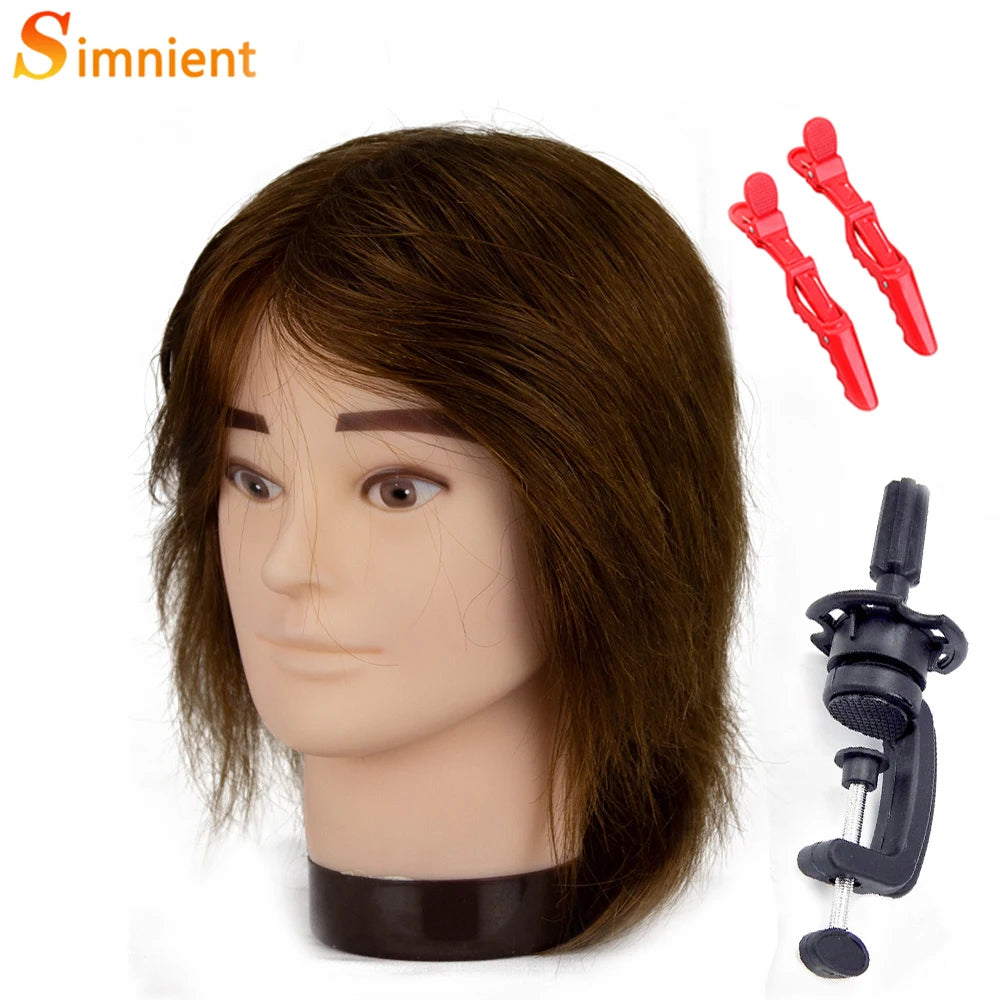 100% Human Hair Male Mannequin Head With Hair Beard Practice Manikin Hairdresser Cosmetology Training Doll Head For Hair Styling