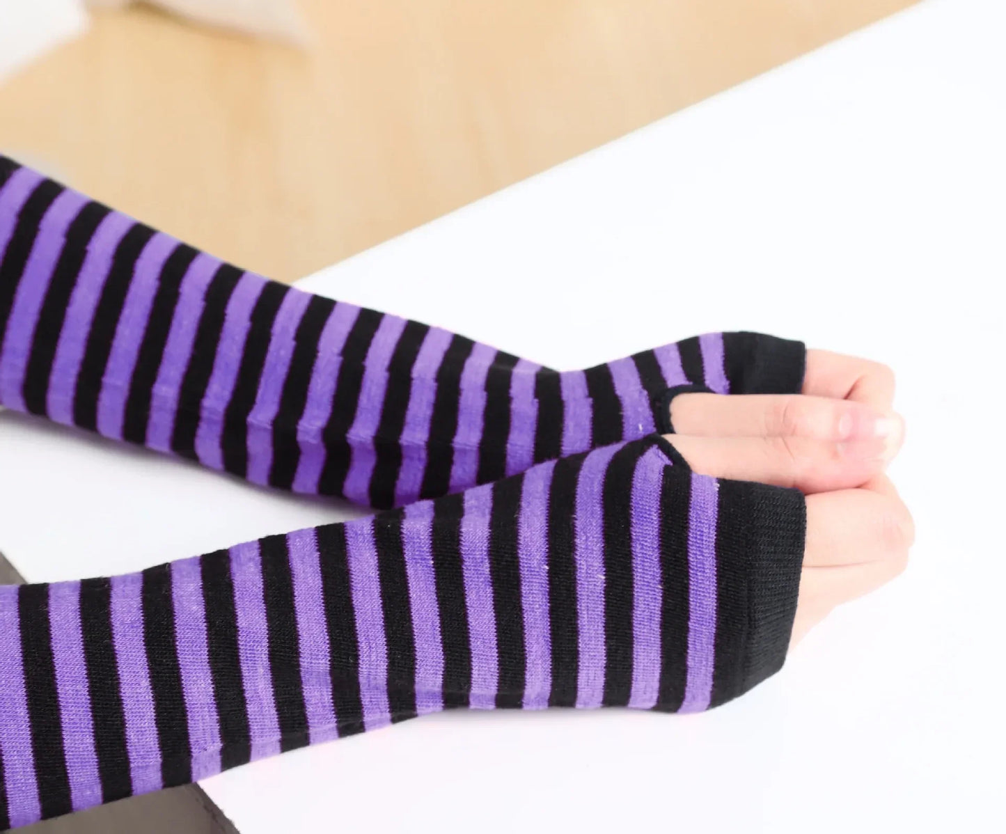 Punk EMO Style Streetwear Women Wrist Arm Warmer Knitted Long Fingerless Oversleeve Black Mitten Halloween CrossDark Moon