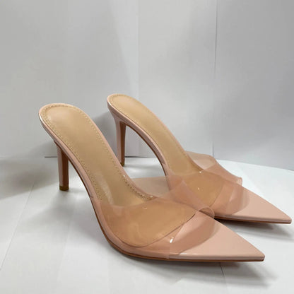 PVC Transparent Jelly Shoes For Women Sexy Pointed Open Toe Shallow Slider Slippers Ladies Sandals Stiletto Heels Mule