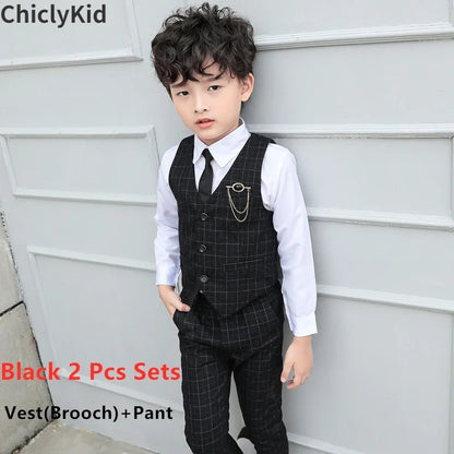 Boy Plaid Vest Blazer Kids Waistcoat Wedding Clothes Set Toddler Formal Dress Suit Child Brooch Shirt Pant Baby Gentlemen Outfit