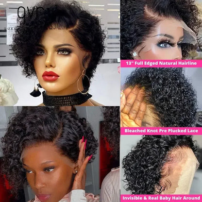 QVR Short Bob Wig Pixie Cut Wig Curly Human Hair Wigs For Women  Lace Front Wigs Peruvian Deep Wave Lace Wig Preplucked Hairline