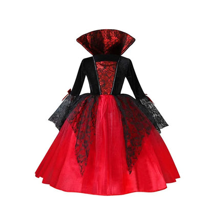2025 Girls Cosplay Vampire Halloween Dress for Kids Ghost Bride Gothic Costume Count Vampiran Carnival Outfit Black Red Clothes