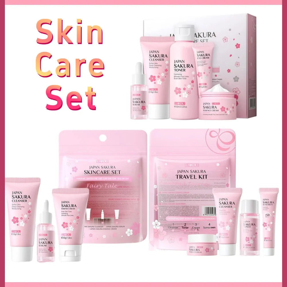 Sakura skin care sets with cleanser, serum, eye cream, facial cream, sunscreen beauty products for women, travel skin care kit