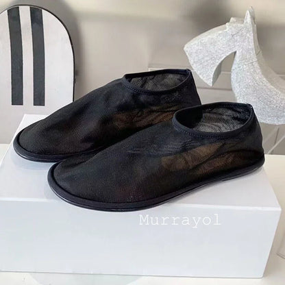 Transparent Mesh Net Flat Shoes Women Round Toe Deep Mouth Lazy Loafers Ladies Spring Summer Lightweight Commuter Walking Shoes