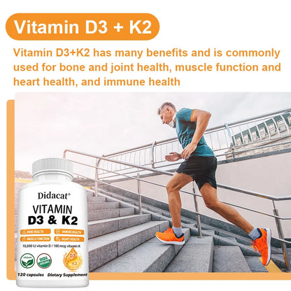 Vitamin D3+K2 Supplement 10000IU Vitamin D3 and K2 (MK-7) Capsules for Bone, Heart, Muscle, Immune Support, Non-GMO