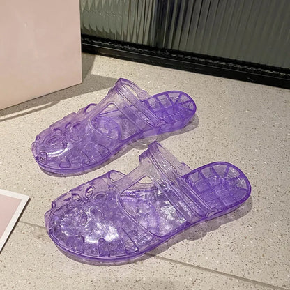 Transparent PVC Crystal Slippers Cover Toe Hollow Flower Flats Slippers Women Beachwear Shoes Anti Slip Slides Sandals Indoor