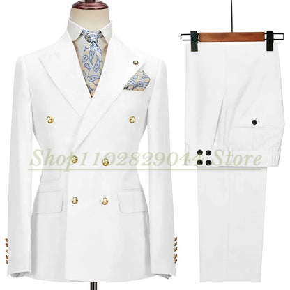 Blazer Hombre Yellow Suits for Men Chic Double Breasted Peak Lapel Elegant Wedding Full Set Male 2 Piece Jacket Pants 031D