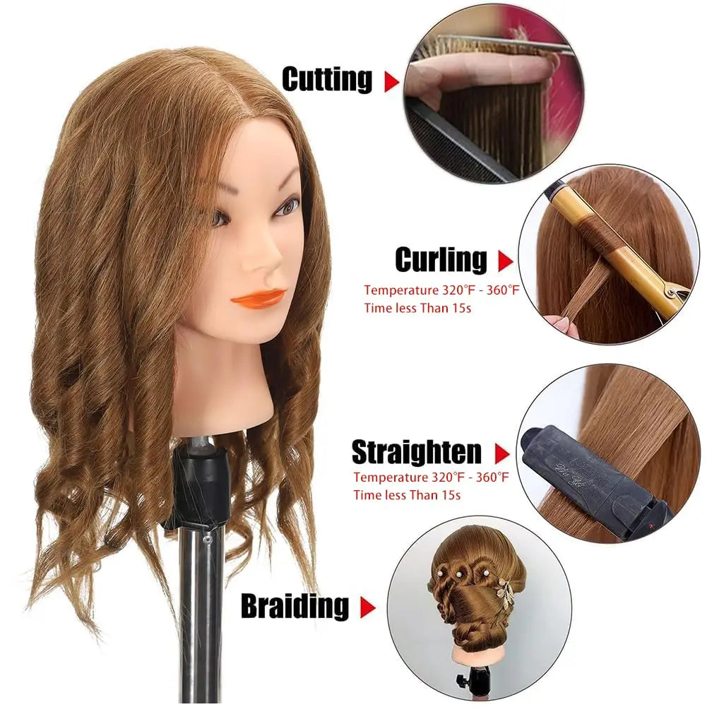 100% Human Hair Mannequin Head for Cosmetology Styling Training Practice Can Be Curled Straighten Professional Mannequin Head