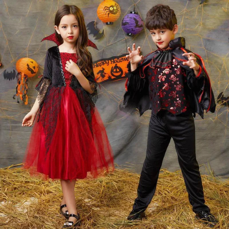2025 Girls Cosplay Vampire Halloween Dress for Kids Ghost Bride Gothic Costume Count Vampiran Carnival Outfit Black Red Clothes
