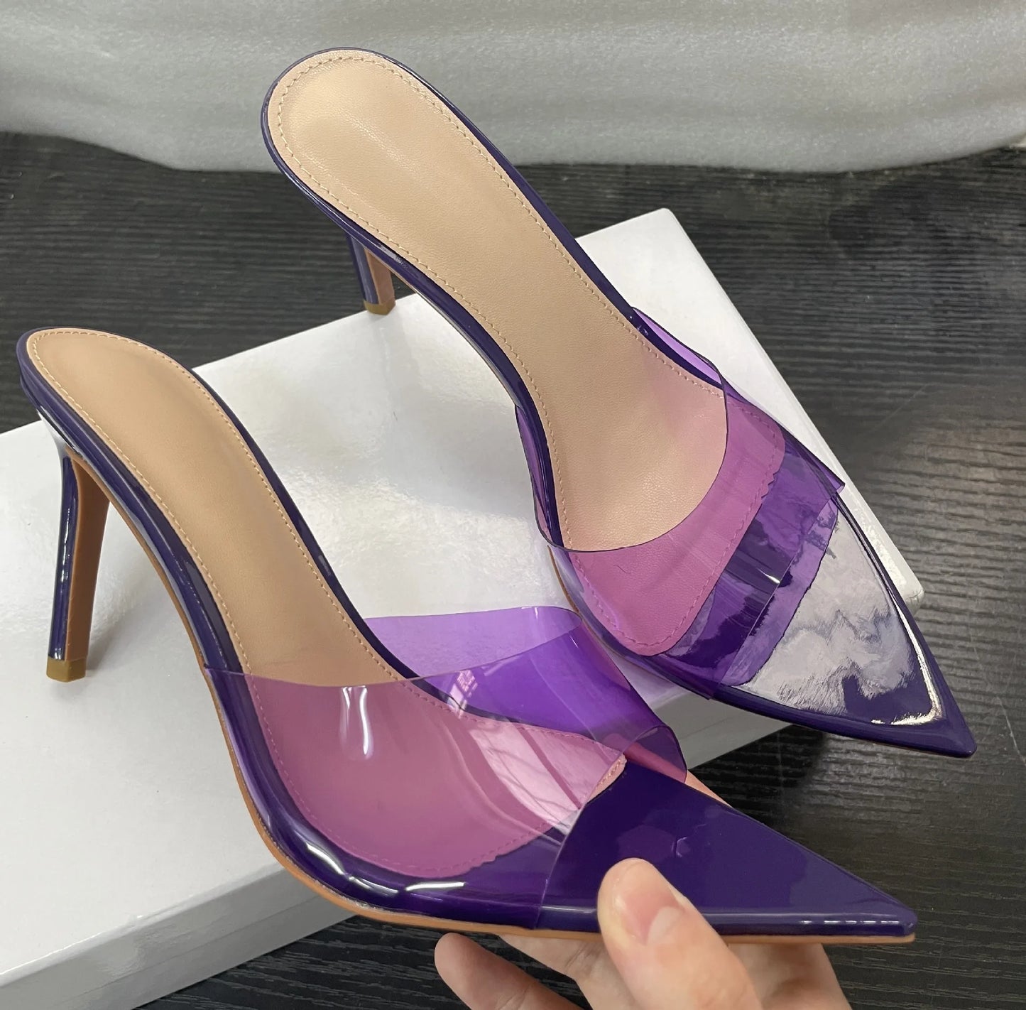 PVC Transparent Jelly Shoes For Women Sexy Pointed Open Toe Shallow Slider Slippers Ladies Sandals Stiletto Heels Mule
