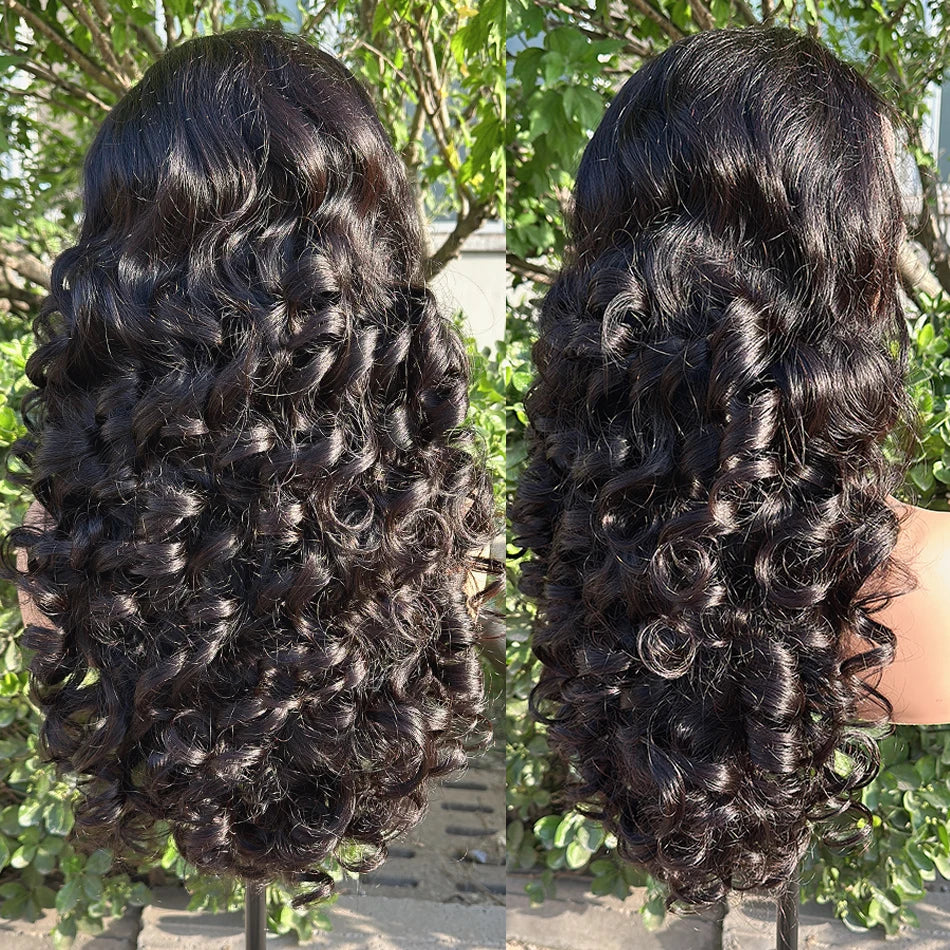 100% Human Hair Natural Black 250 Density Bouncy Curly Loose Body Wave Super Double Drawn Raw Indian Hair 13x4 Lace Frontal Wigs