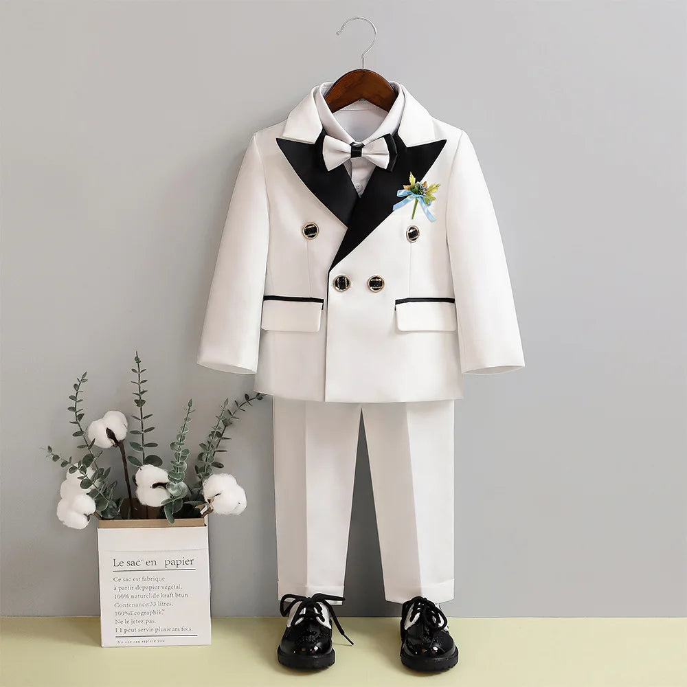 Children 3Pieces White Wedding Suit Kids Jacket Pants Botwtie Photograph Suit Flower Boys Birthday Tuxedo Party Dress