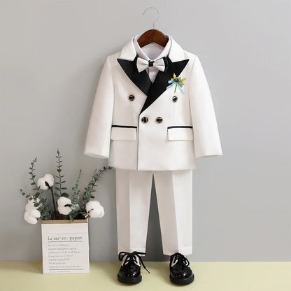 Children 3Pieces White Wedding Suit Kids Jacket Pants Botwtie Photograph Suit Flower Boys Birthday Tuxedo Party Dress