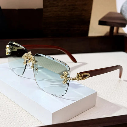 2025 New Men's Retro Rimless Square Sunglasses with Diamond-Cut Edges and Imitation Wood Grain For Lady Punk Frameless Eyewear