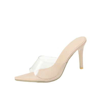 Trendy Sexy Heeled Ladies Pointed Open Toe Slip on Party Stiletto High Heel Clear Mule Slides Woman Nude Transparent Shoes