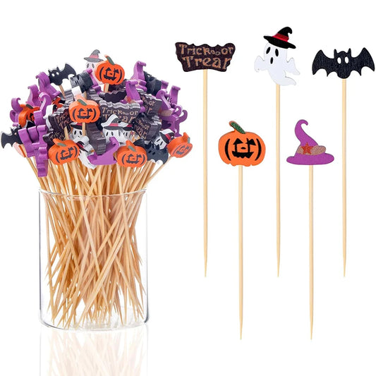 50/100Pcs Halloween Party Toothpicks Disposable Bamboo Skewers Pumpkin Ghost Fruit Fork Cake Dessert Cocktail Stick Decorations