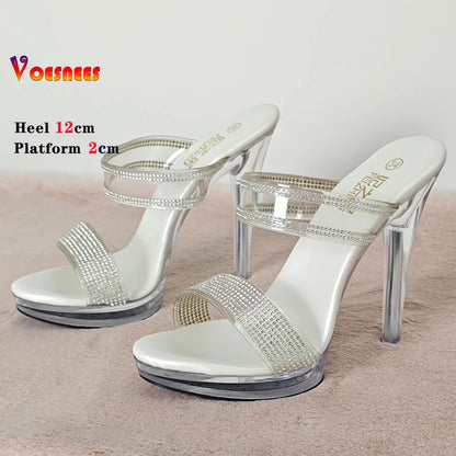 Transparent Slippers Ladies Clear PVC High Heeled Slippers Open Toe Daily Woman Sandals 12cm Sexy Show Crystal Shoes High Heels