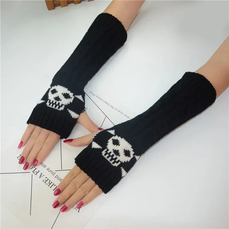 Punk EMO Style Streetwear Women Wrist Arm Warmer Knitted Long Fingerless Oversleeve Black Mitten Halloween CrossDark Moon