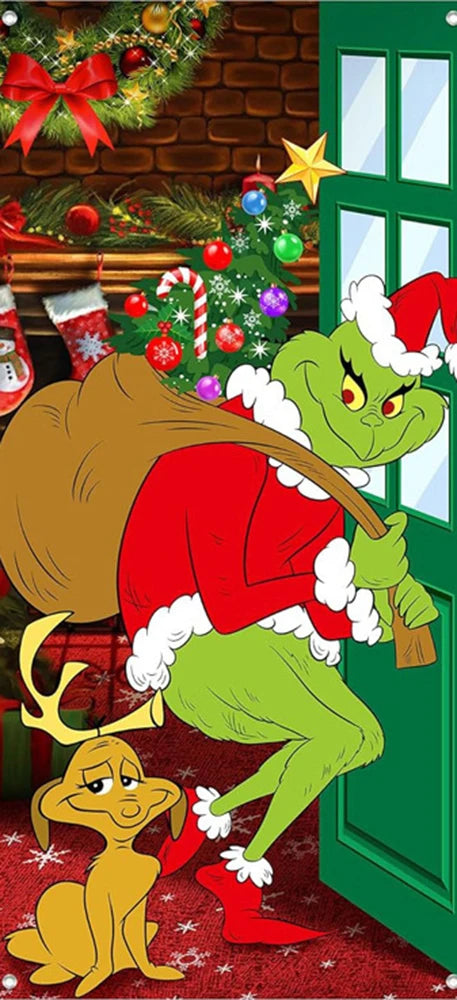 Christmas Green Haired Monster Door Cover Background Cloth Banner Christmas Party Scene Decoration Door Cover