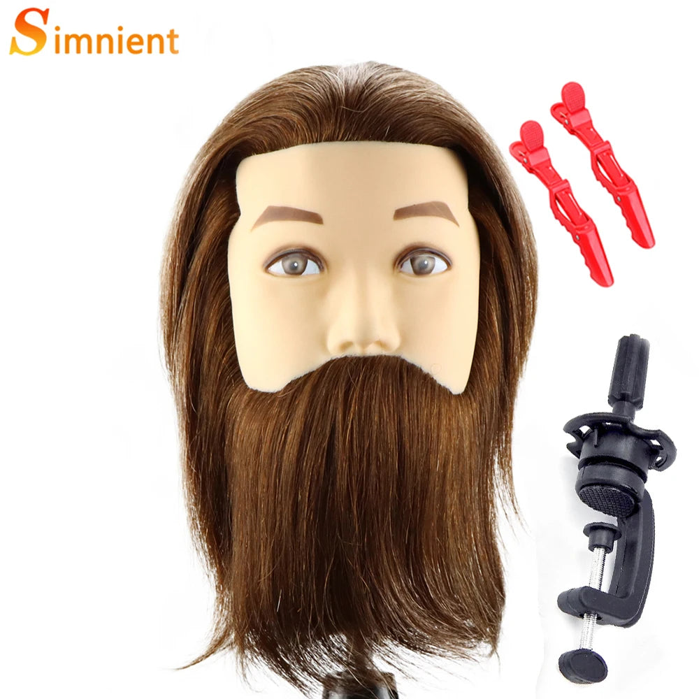 100% Human Hair Male Mannequin Head With Hair Beard Practice Manikin Hairdresser Cosmetology Training Doll Head For Hair Styling
