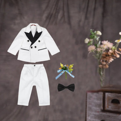 Children 3Pieces White Wedding Suit Kids Jacket Pants Botwtie Photograph Suit Flower Boys Birthday Tuxedo Party Dress