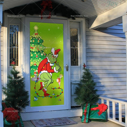 Christmas Green Haired Monster Door Cover Background Cloth Banner Christmas Party Scene Decoration Door Cover