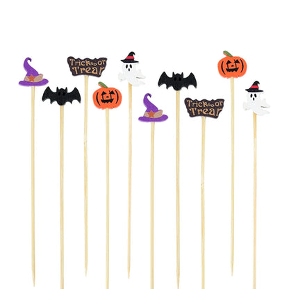 50/100Pcs Halloween Party Toothpicks Disposable Bamboo Skewers Pumpkin Ghost Fruit Fork Cake Dessert Cocktail Stick Decorations
