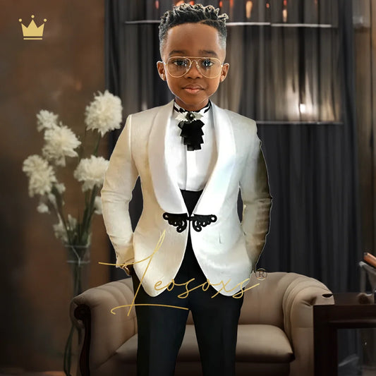 Boys Tuxedo Suit 2 Piece Set, Fashion Black Butterfly Button Jacquard Jacket Black Pants Elegant Slim Wedding Party Formal Wear