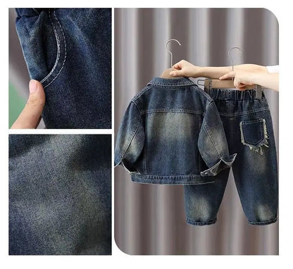 Boys Denim Suit Spring 2025 Spring Autumn New Style Children's Western-style Coat Boys' Fashionable Explosive Street 2 Piece Set