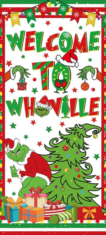 Christmas Green Haired Monster Door Cover Background Cloth Banner Christmas Party Scene Decoration Door Cover