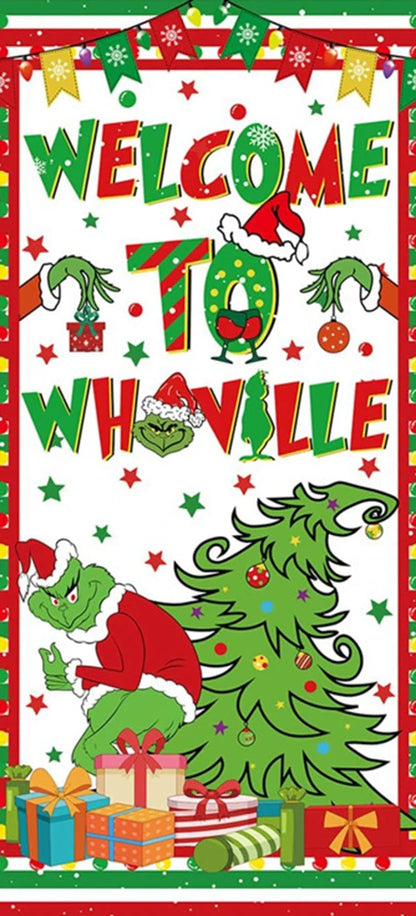 Christmas Green Haired Monster Door Cover Background Cloth Banner Christmas Party Scene Decoration Door Cover