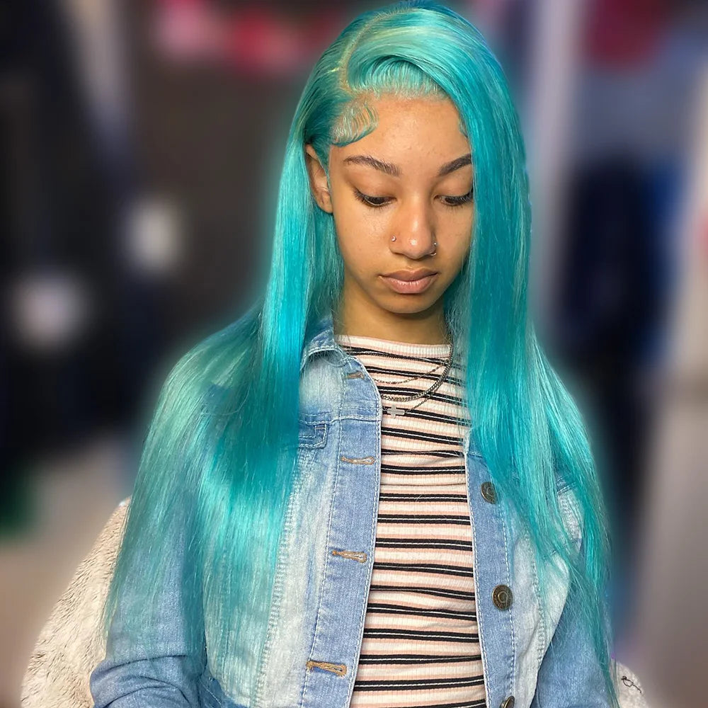 Bone Straight 13x6 Lace Front Human Hair Wigs For Women Light Blue Lace Frontal Wig Pre-Plucking Cyan Green Human Hair Wigs