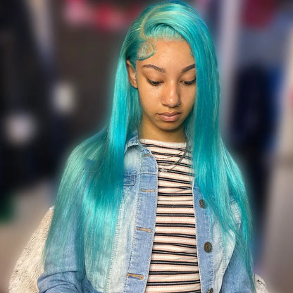 Bone Straight 13x6 Lace Front Human Hair Wigs For Women Light Blue Lace Frontal Wig Pre-Plucking Cyan Green Human Hair Wigs