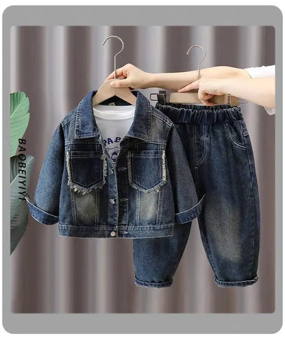 Boys Denim Suit Spring 2025 Spring Autumn New Style Children's Western-style Coat Boys' Fashionable Explosive Street 2 Piece Set