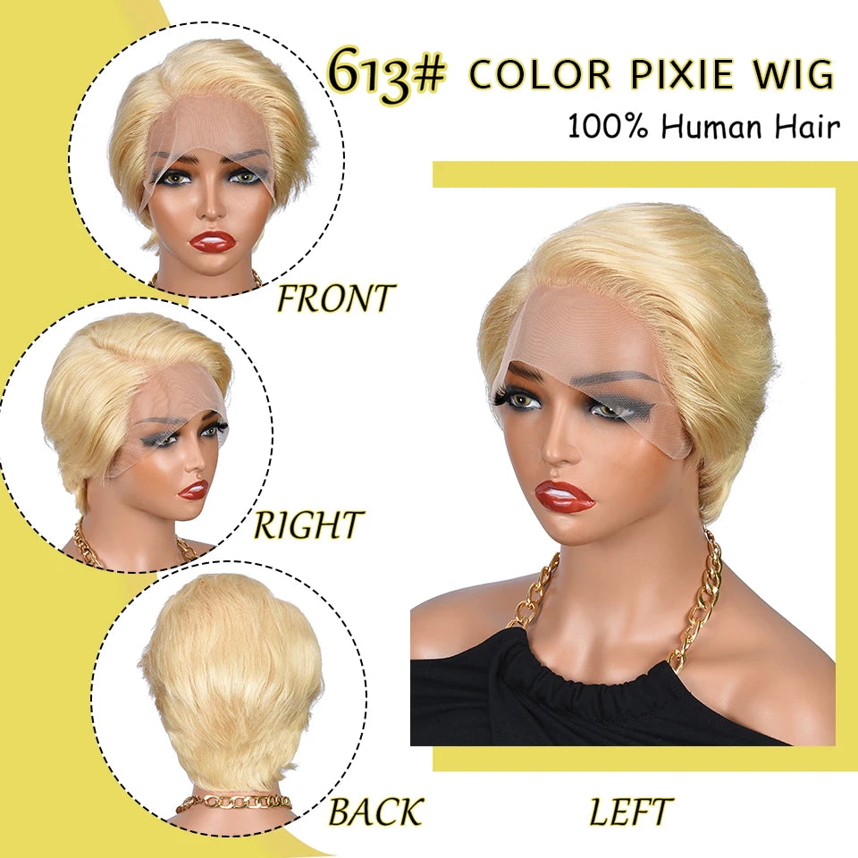 Pixie Cut Human Hair Wigs For Women Peruvian 613 Colored Human Hair Lace Frontal Wigs Pre Plucked Lace Side Part Wig Remy Hair