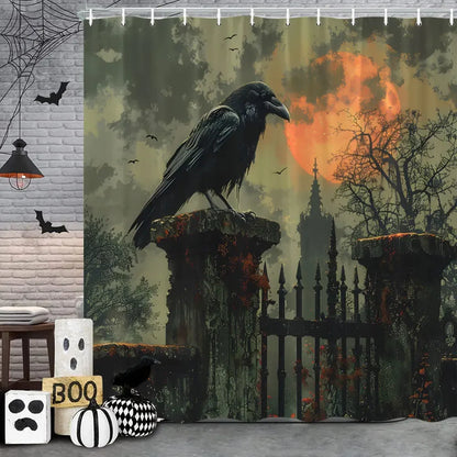 Spooky Horror Halloween Skeleton Crow Shower Curtain Black Bat Black Cat Polyester Fabric Bath Curtain Bathroom Decor With Hooks