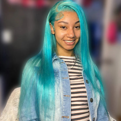 Bone Straight 13x6 Lace Front Human Hair Wigs For Women Light Blue Lace Frontal Wig Pre-Plucking Cyan Green Human Hair Wigs