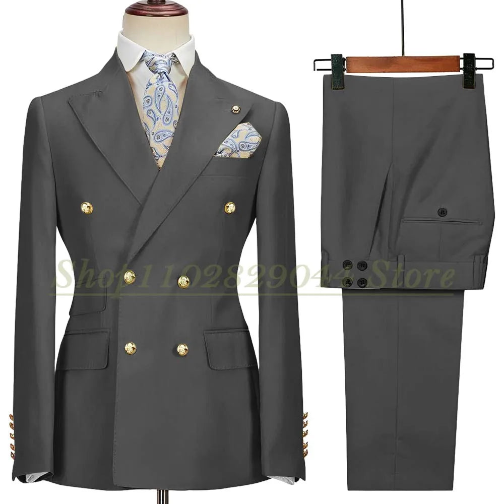 Blazer Hombre Yellow Suits for Men Chic Double Breasted Peak Lapel Elegant Wedding Full Set Male 2 Piece Jacket Pants 031D