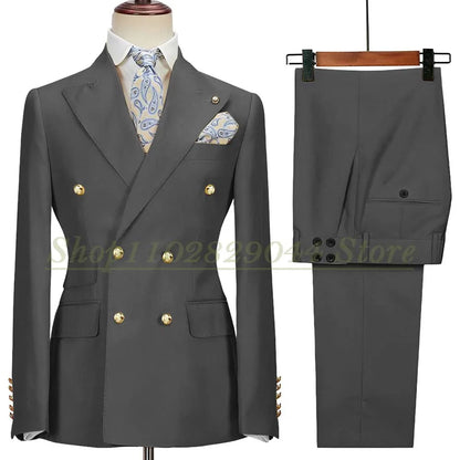 Blazer Hombre Yellow Suits for Men Chic Double Breasted Peak Lapel Elegant Wedding Full Set Male 2 Piece Jacket Pants 031D