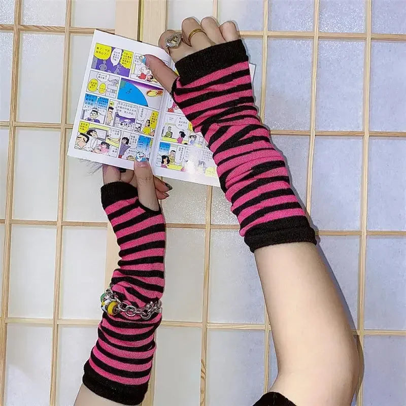 Punk EMO Style Streetwear Women Wrist Arm Warmer Knitted Long Fingerless Oversleeve Black Mitten Halloween CrossDark Moon