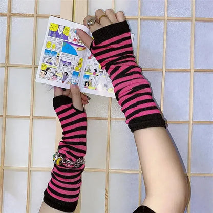 Punk EMO Style Streetwear Women Wrist Arm Warmer Knitted Long Fingerless Oversleeve Black Mitten Halloween CrossDark Moon