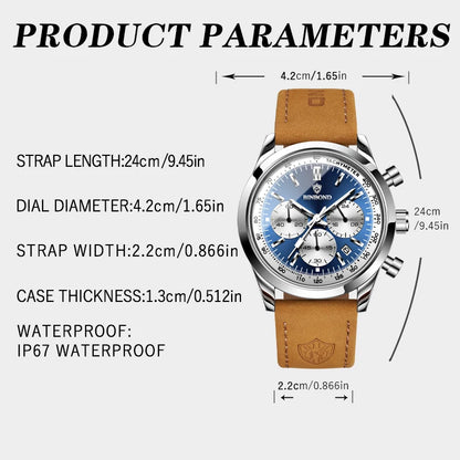 BINBOND B380 Top Luxury Leather Quartz Men's Watch Luminous Waterproof Fashion Casual Multi Functional Timer Business Men Watch