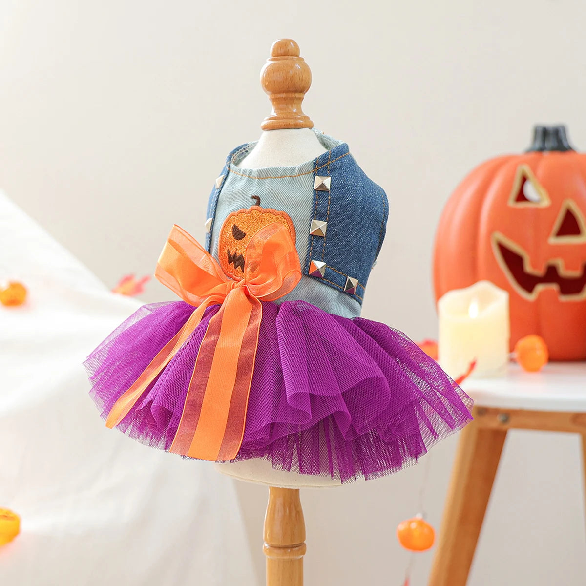 1PC Quirky Pumpkin Skirt Pet Clothes Dog Cat Autumn Halloween Orange Bow Sleeveless Wedding Dress