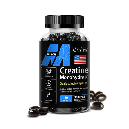 Creatine Monohydrate - Promotes Muscle Mass, Muscle Strength and Athletic Performance, 30/60/120 Capsules, Non-GMO, Gluten-Free