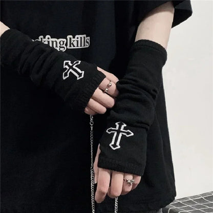 Punk EMO Style Streetwear Women Wrist Arm Warmer Knitted Long Fingerless Oversleeve Black Mitten Halloween CrossDark Moon