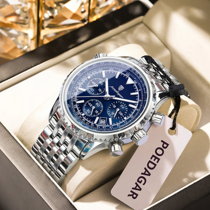 POEDAGAR Luxury Men's Watch Date Chronograph Stainless Steel Quartz Man Watch Waterproof Luminous Business Watches For Men Reloj