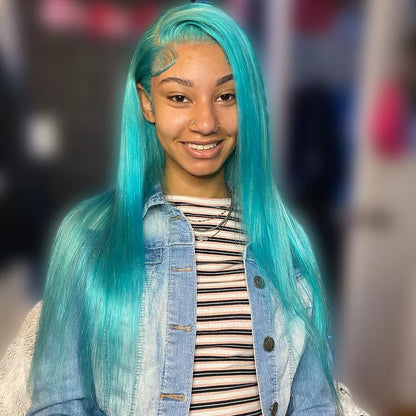 Bone Straight 13x6 Lace Front Human Hair Wigs For Women Light Blue Lace Frontal Wig Pre-Plucking Cyan Green Human Hair Wigs