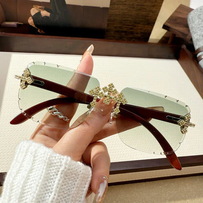 2025 New Men's Retro Rimless Square Sunglasses with Diamond-Cut Edges and Imitation Wood Grain For Lady Punk Frameless Eyewear