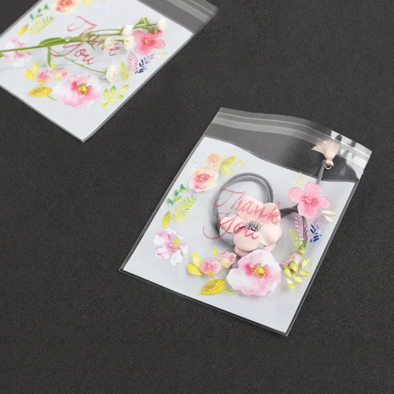 100pcs/lot Plastic Bags Thank you Flower Self-Adhesive Bags for Homemade Cookie Party Gifts Bag DIY Jewelry Packaging Bag